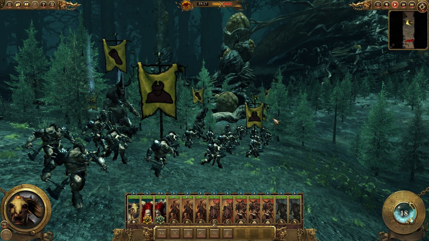 Total War: Warhammer - Ruf der TiermenschenWerden wir auf den Bestienpfaden abgefangen, findet die Schlacht auf einer der neuen Waldkarten statt – die sind allerdings sehr ähnlich aufgebaut wie unterirdische Karten.