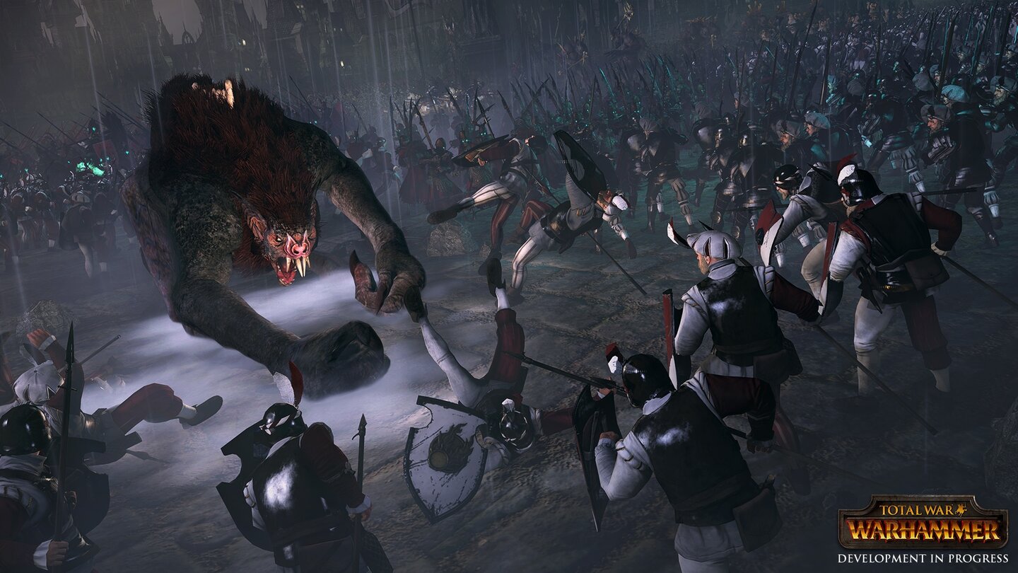 Total War: WarhammerDer mächtige Varghulf zerschmettert normale Soldaten wie Plastikspielzeug. Ihm werden nur spezielle Monsterjäger gefährlich.