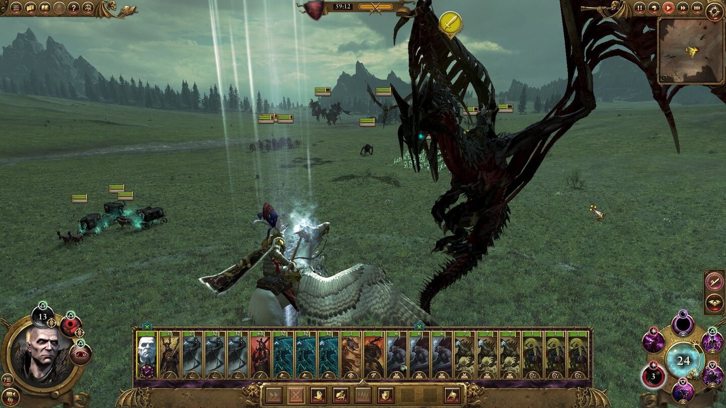 Total War: WarhammerHelden schalten zunehmend mächtigere Reittiere frei, hier duelliert sich Karl Franz auf seinem Pegasus mit Zombiedrachenreiter Manfred von Carstein.
