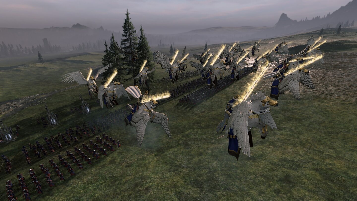 Total War: Warhammer - Screenshots zum kostenlosen DLC »Bretonnia«Mit unseren schnellen Pegasusreitern schließen wir schnell zu nervigen Feinden wie Bogenschützen oder Katapulten auf.