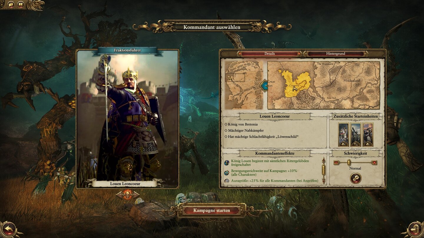 Total War: Warhammer - Screenshots zum kostenlosen DLC »Bretonnia«Einer unserer drei möglichen Anführer ist König Louen Leoncoeur - im Grunde König Artus in der Warhammer-Welt.