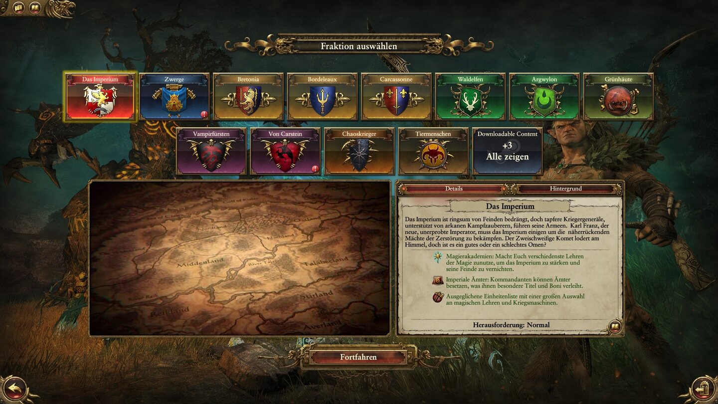 Total War: Warhammer - Screenshots zum kostenlosen DLC »Bretonnia«Vor dem Spielstart entscheiden wir uns für einen von drei Helden: König Louen Leoncoeur, Herzog Alberic von Bordeleaux oder die Feenzauberin.