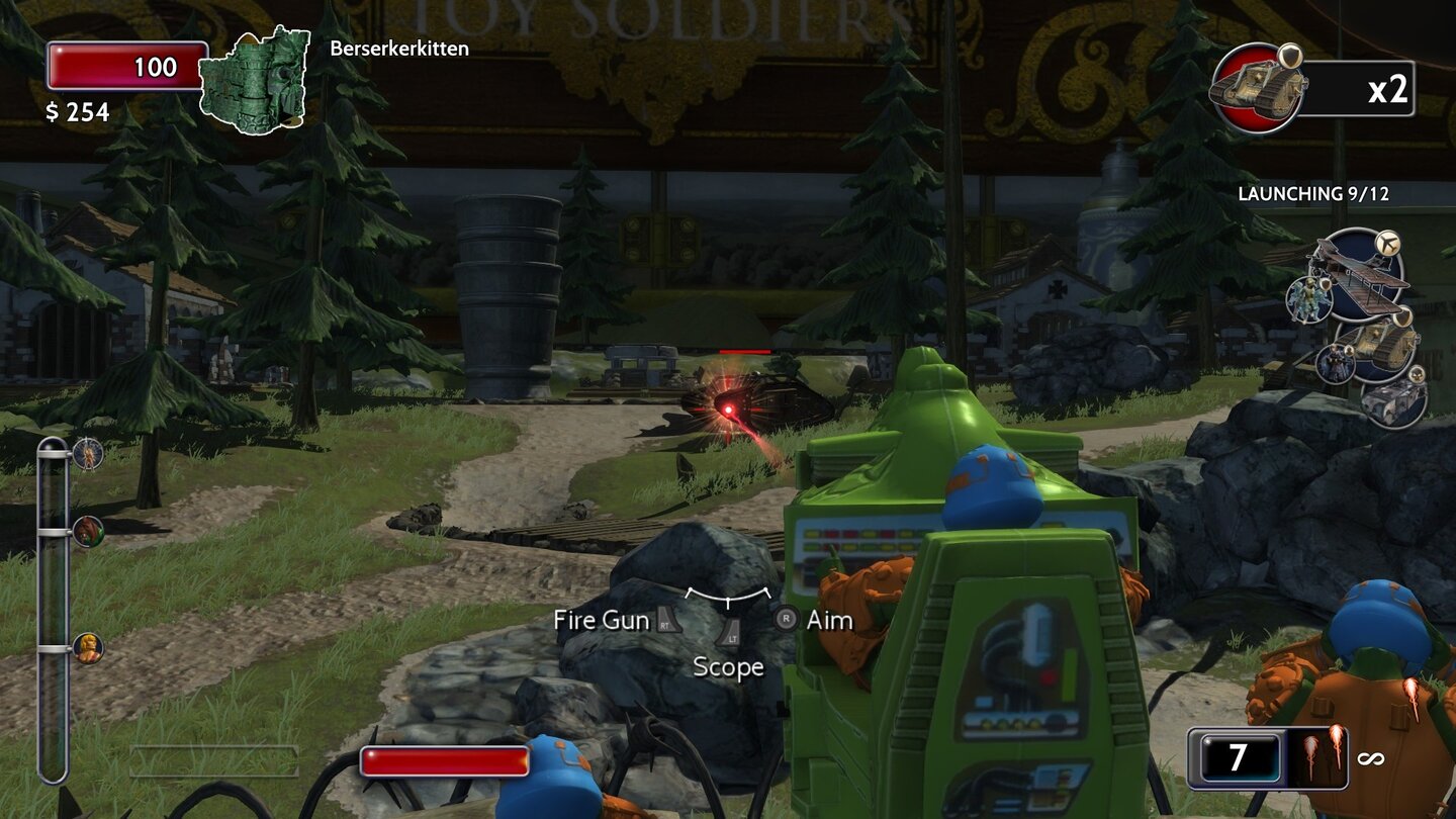 Toy Soldiers: War ChestMan-at-Arms nimmt Kaiser Wilhelms Panzer mit dem Laser unter Beschuss.