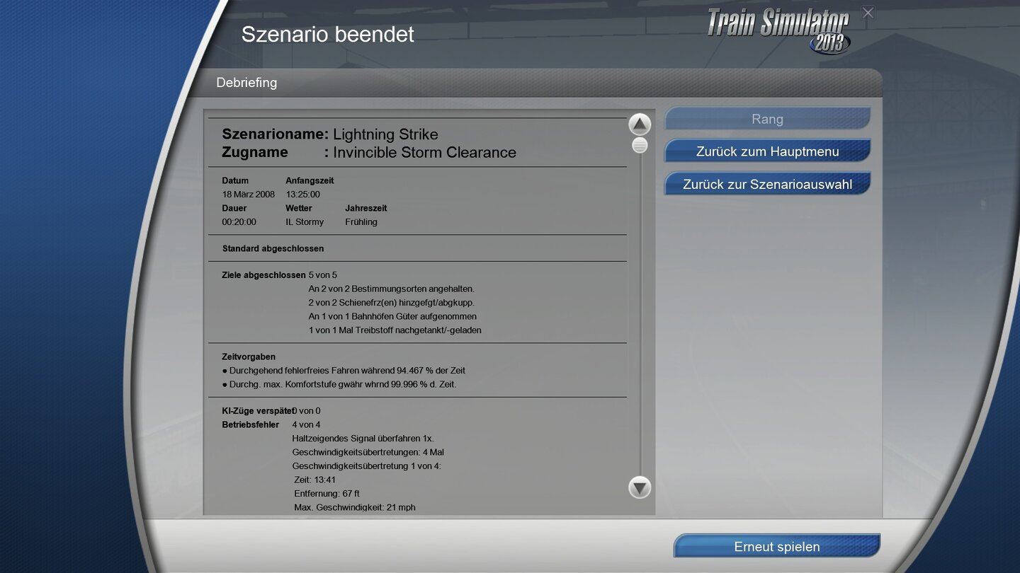 Train Simulator 2013Nach einer Mission wird akribisch bewertet: Wir sind 94,467 Prozent der Zeit fehlerfrei gefahren. Das schaffen wir im Auto nie!
