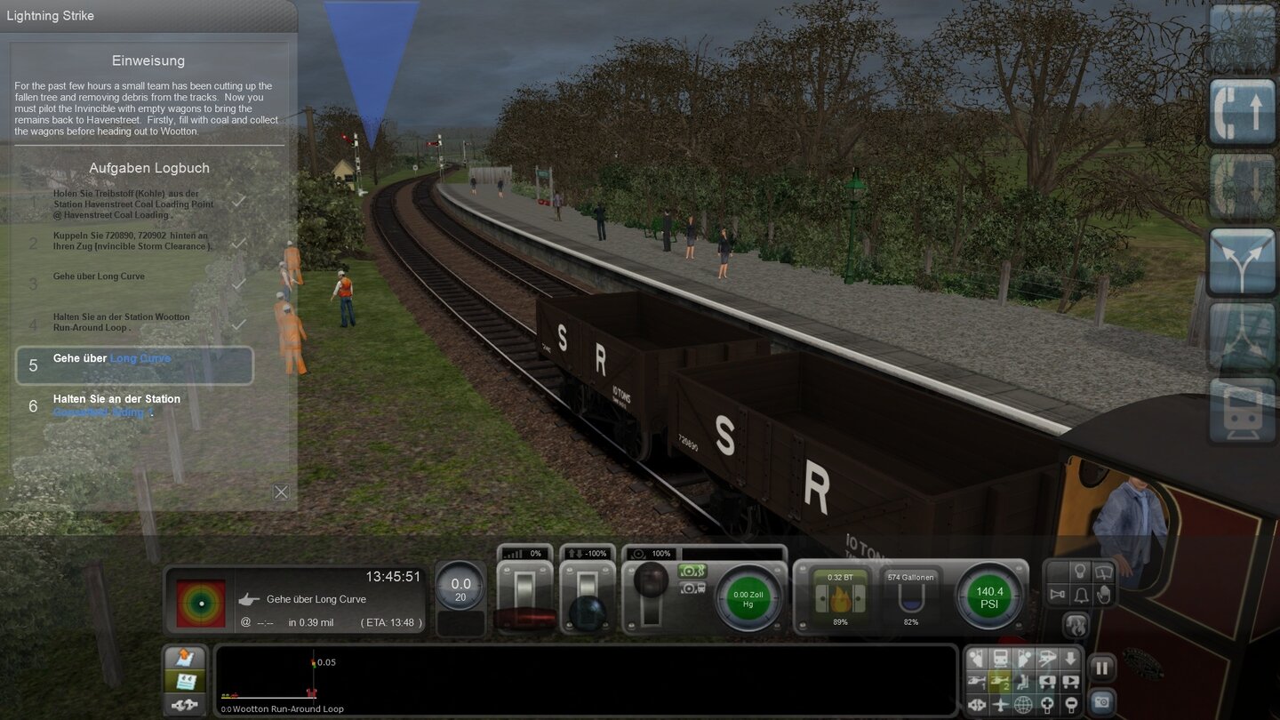b>Train Simulator 2013Schritt 10: Angeblich ist alles aufgeladen, wir sollen zurückfahren. Auch wenn die Waggons immer noch leer sind.