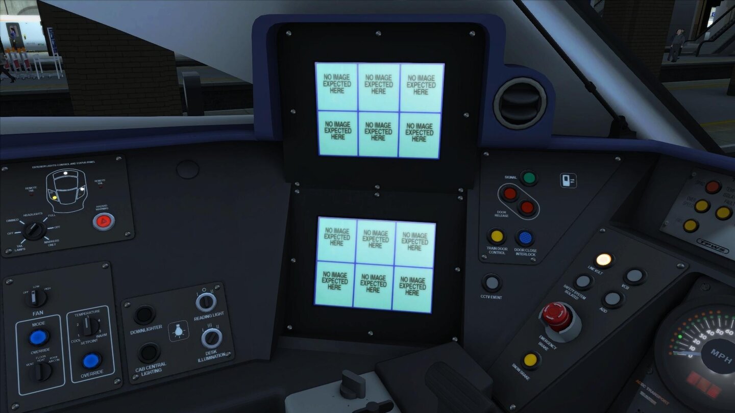 Train Simulator 2015Auch schlampig: Platzhaltergrafik in der Class 801. Spielerisch wirkt sich das aber nicht aus, die wichtigen Schalter und Hebel funktionieren tadellos.