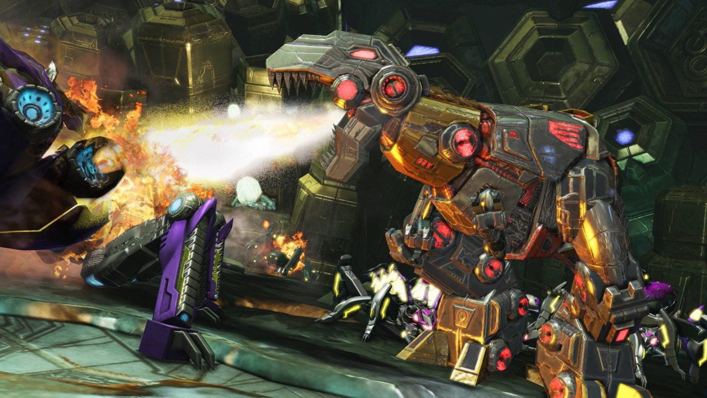 Transformers: Untergang von CybertronPotzblitz, ein Dinobot! Die Macher buddeln Grimlock aus den Archiven und lassen uns in Untergang von Cybertron einen feuerspeienden Dino-Transformer spielen.