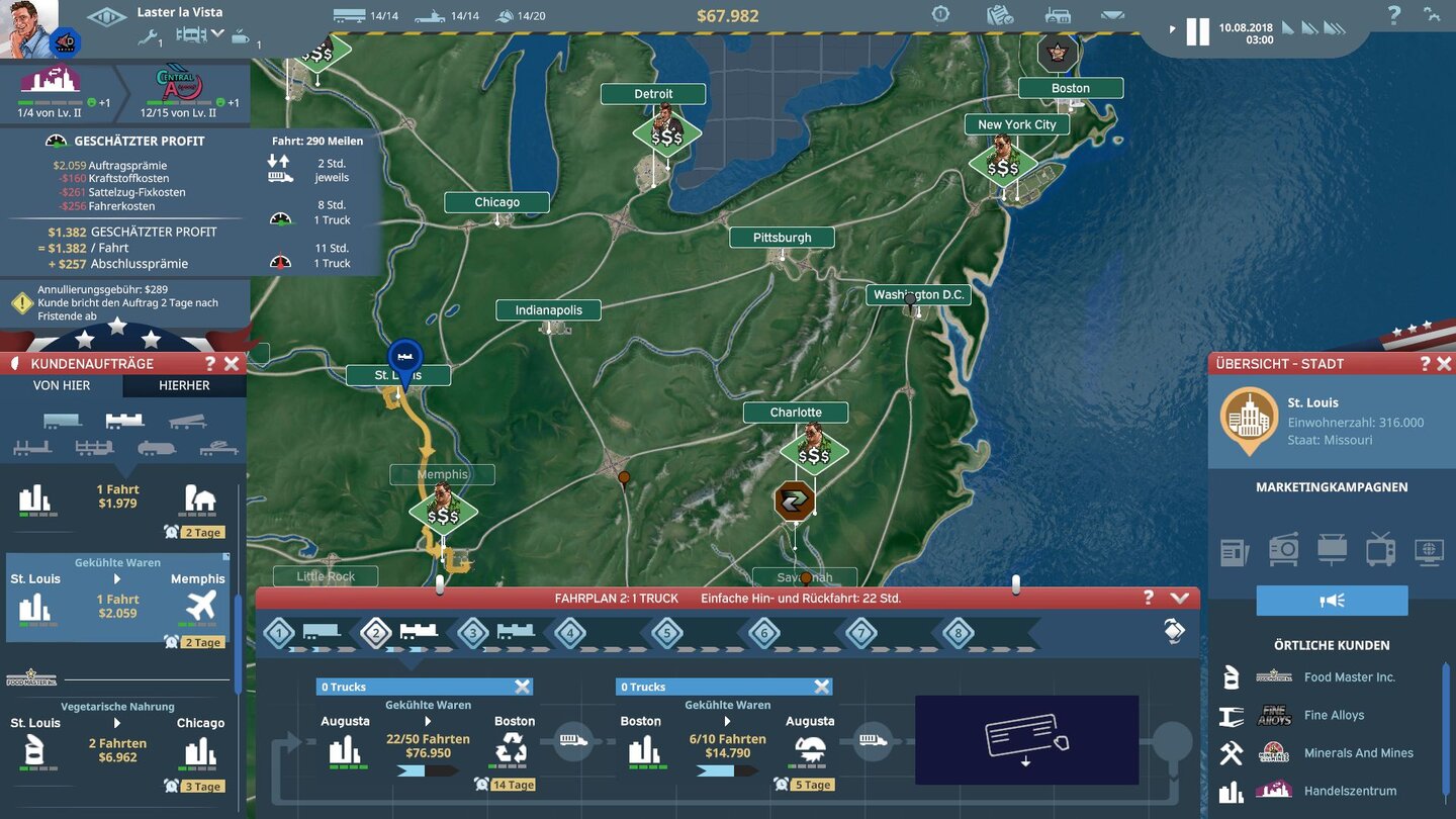 TransRoad: USADie meiste Zeit spielen wir in dieser Ansicht und schieben dauernd neue Aufträge nach, etwa 50 mal von Augusta nach Boston pendeln.