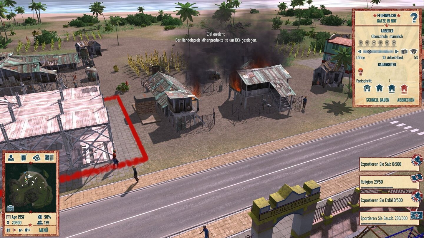 Tropico 4Wettlauf gegen die Zeit: Rechts brennt die Hütte, links entsteht unsere Feuerwehr. Den Bau können wir zwar sofort fertigstellen -- fehlt aber immer noch ein Feuerwehrmann.