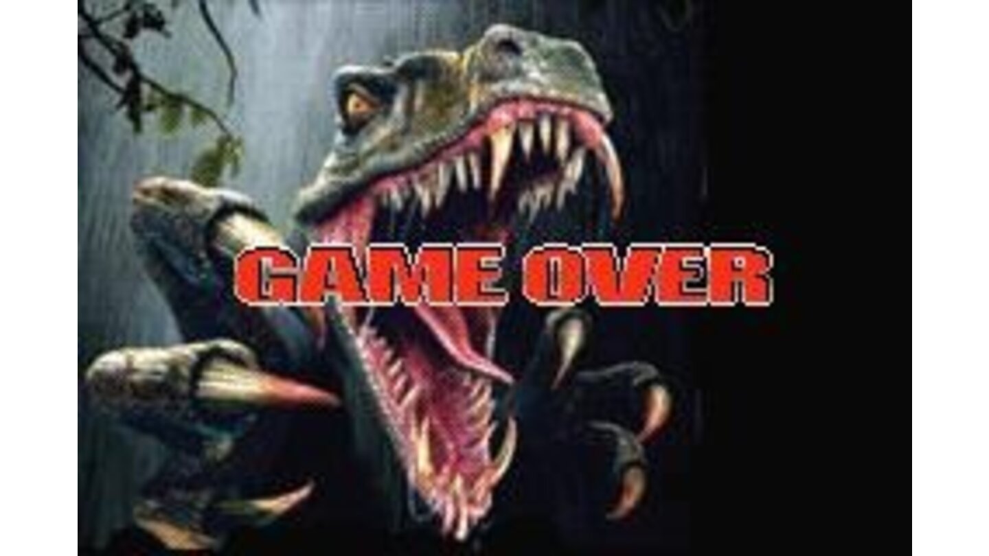 Game Over screen with a hunger and big-toothed dinosaur .
