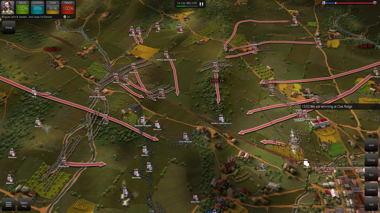 Ultimate General: Gettysburg - Screenshost aus der Early-Access-VersionMit der Übersicht hat es Ultimate General grundsätzlich nicht so. Es gibt zwar einige Komfortfunktionen, bei vierzig und mehr Brigaden, Artillerie-Batterien und so weiter ist es aber fast unmöglich, den Überblick zu behalten.