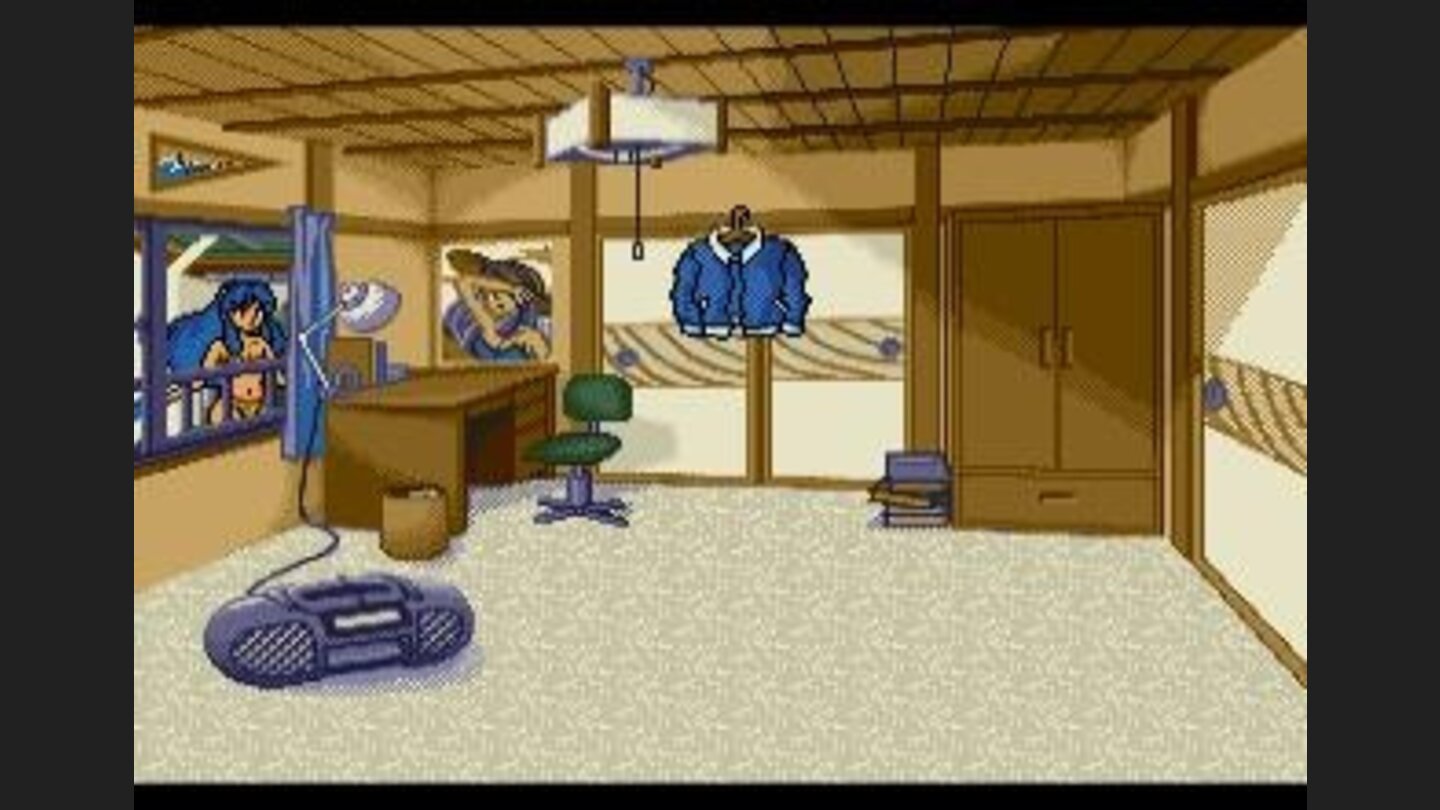 Ingame, Ataru tries to escape through his window, but Lum is waiting for him