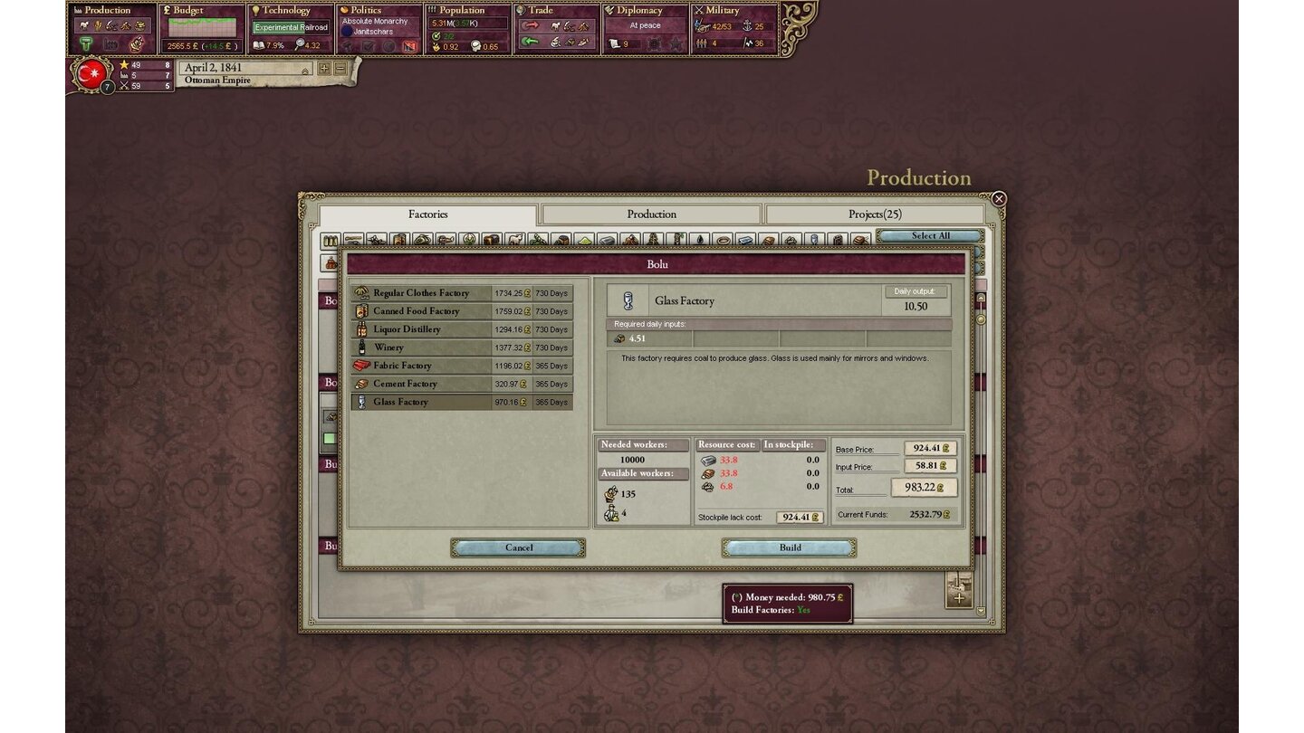 Victoria 2Produktion: Satte 48 Rohstoffe, Produktionsgüter und Fertigwaren gibt es. Viele Fabriken müssen wir aber erst erforschen.