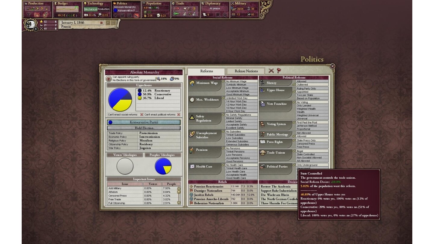 Victoria 2Politik: Hier legen Sie Ihre Position bei so heiklen Themen wie Gewerkschaften, Versammlungsrecht und Sklaverei fest.