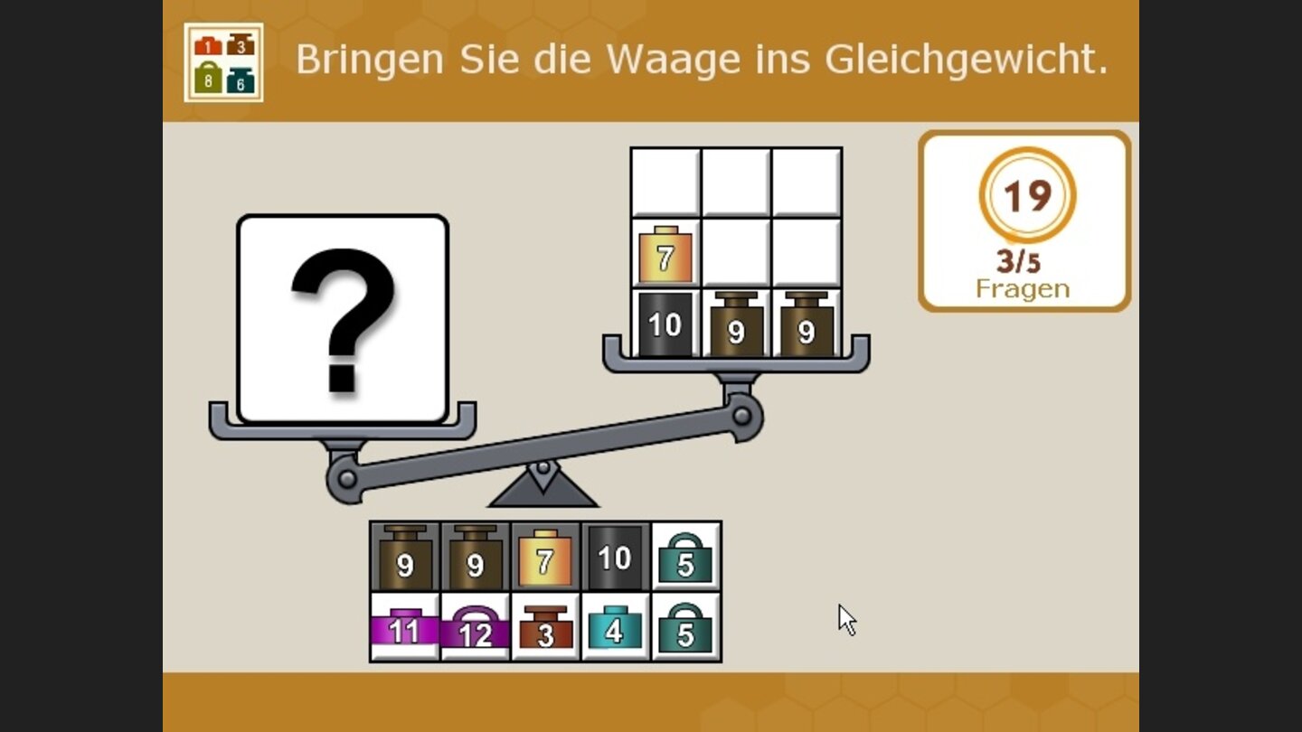 Waage: Balancieren Sie die Waage aus, indem Sie Gewichte platzieren.
