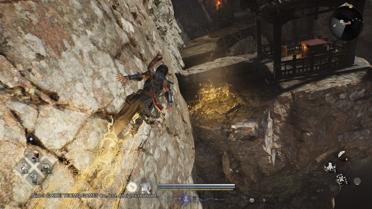 Nioh 3: Verschiedene Schutzgeister beglücken uns mit neuen Fähigkeiten. So laufen wir beispielsweise bestimmte Wände entlang.