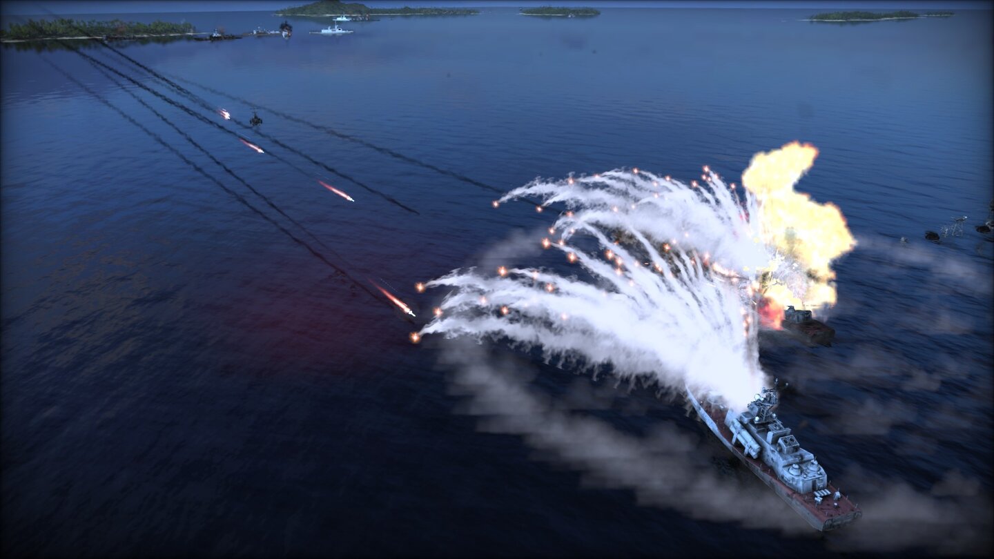Wargame: Red Dragon
Schiffe wehren sich gegen Angriffe mit Raketen, Maschinenkanonen und Täuschkörper. All das ist relativ effektiv, hat dem Schiff rechts aber nichts geholfen - es explodiert in einem Feuerball.