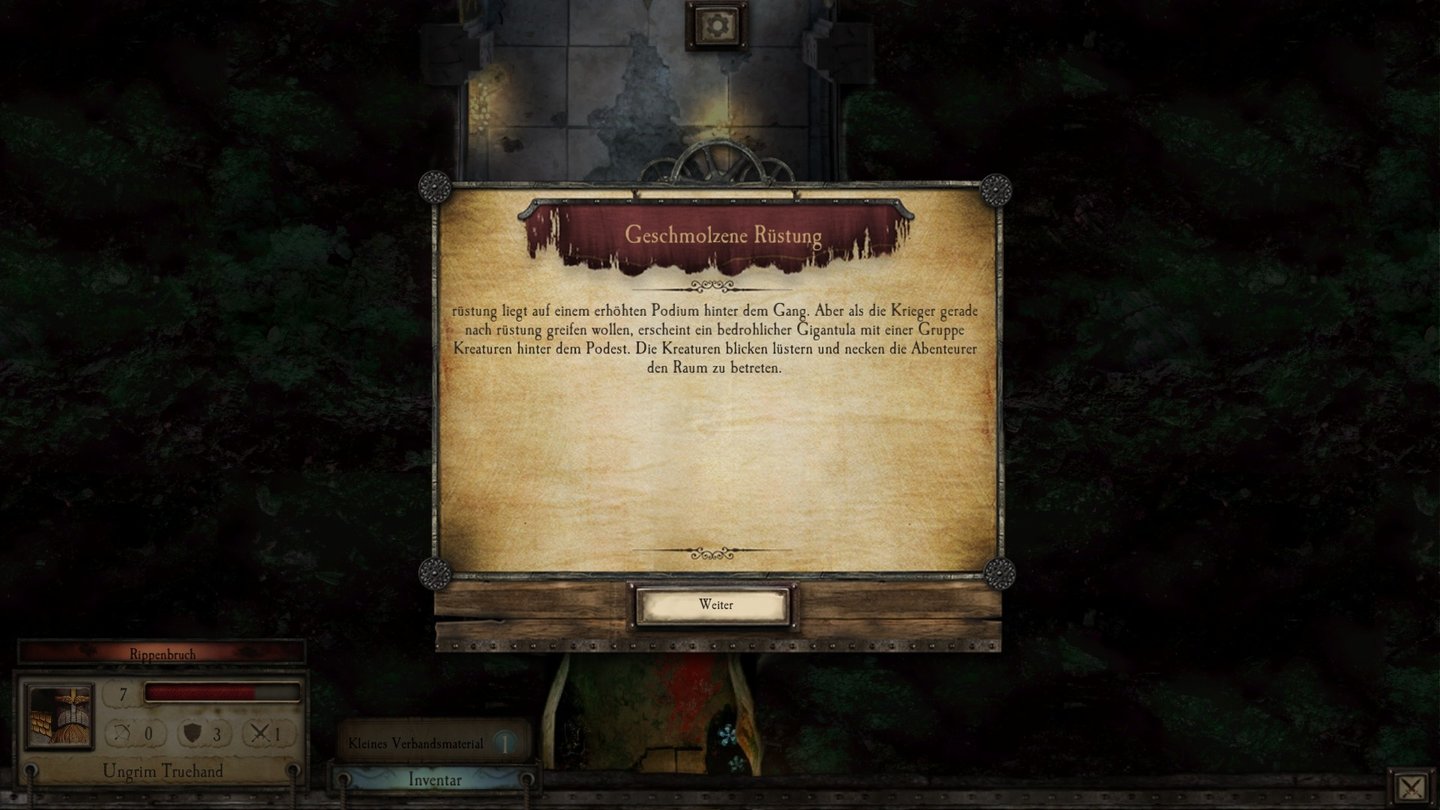 Warhammer QuestTextfenster erzählen uns nicht nur die Hauptgeschichte, sondern vermitteln auch zufällige Ereignisse – gerade letztere scheinen Lückentexte zu sein, in denen einige Wörter deplatziert wirken.
