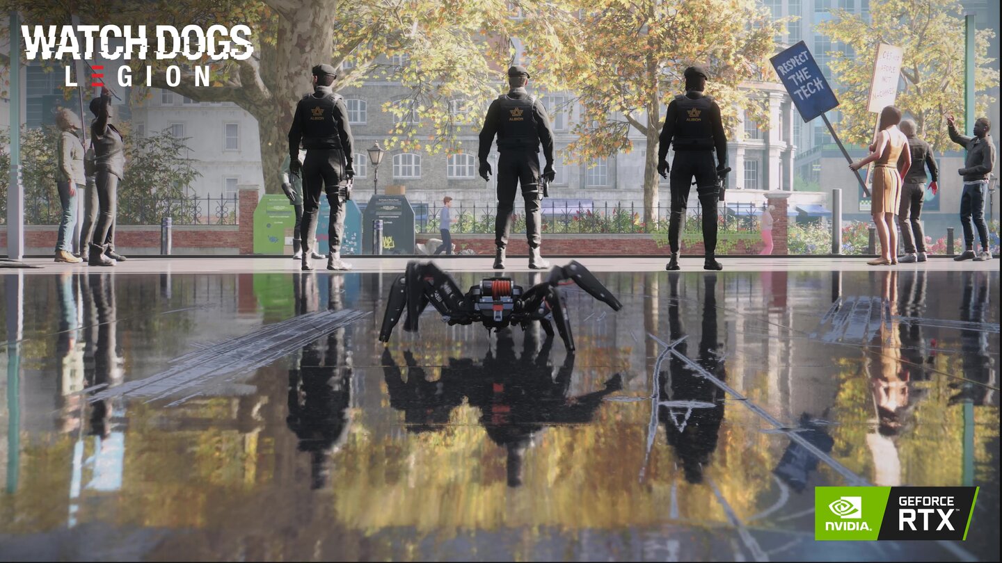 Charaktere und Figuren wie der Spinnen-Roboter spiegeln sich in Echtzeit in Pfützen und auf nassen Oberflächen wider.