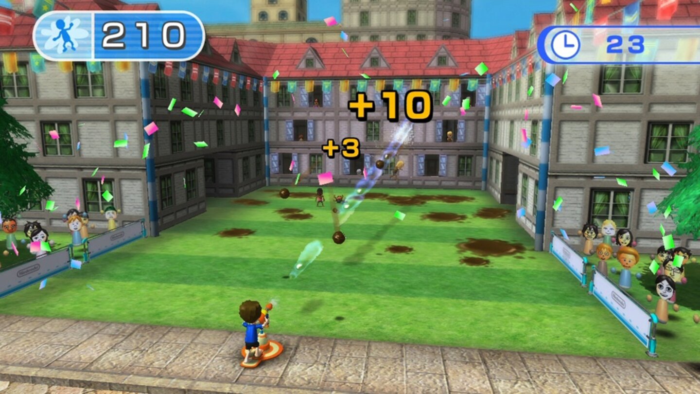 Nintendo LandDie Sammlung von insgesamt zwölf Minispielen lässt bis zu fünf Spieler zu, die sich Herausforderungen aus dem Nintendo-Universum stellen. In The Legend of Zelda: Battle Quest prügeln sich beispielsweise vier Recken im Nahkampf, während ein Spieler mit dem Wii U-Controller/ Bogen aus der Distanz zuschlägt.