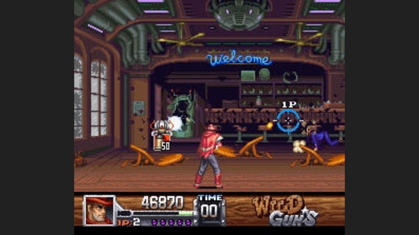 The owner of the bar desperately tries to dodge Clints bullets (on this screen you also see a floating power-up)