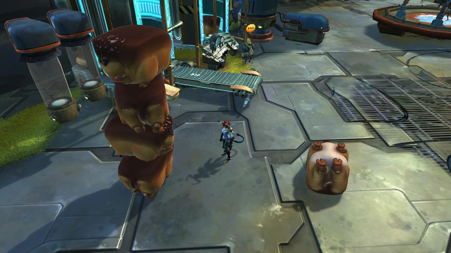 WildstarSchweinerei! In einer der witzigsten Questreihen von Wildstar müssen wir in einer Zuchtanlage für Würfel-Schweine ermitteln. Der abgedrehte Humor von Wildstar zieht sich wie ein knallbunter Faden durch das Spiel.