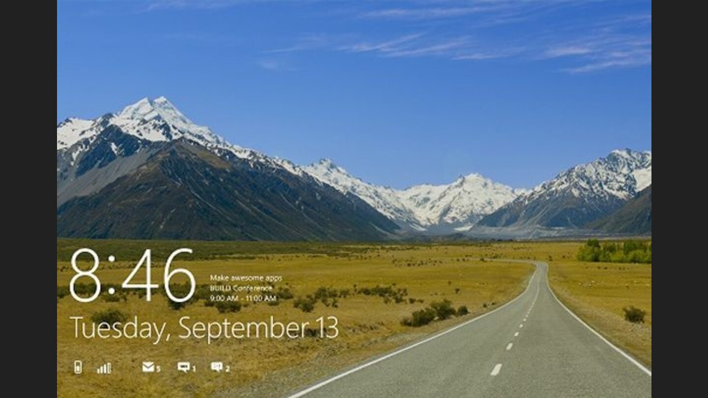 Schon der Anmeldebildschirm ist neu gestaltet und bietet Informationen über Termine und Nachrichten. Das Bild ist frei wählbar. Zum Einloggen wird ein Passwort eingegeben oder ein selbst definiertes Muster auf dem Bild »gezeichnet«.