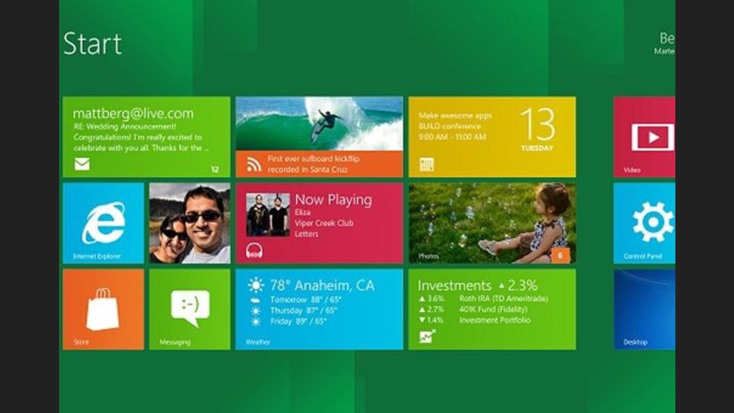 Der Startbildschirm nutzt das Design der Metro-Oberfläche von Windows Phone 7 und zeigt Apps in großen, rechteckigen Flächen an. Der Desktop ist eine eigene App, wie unten rechts zu sehen ist.