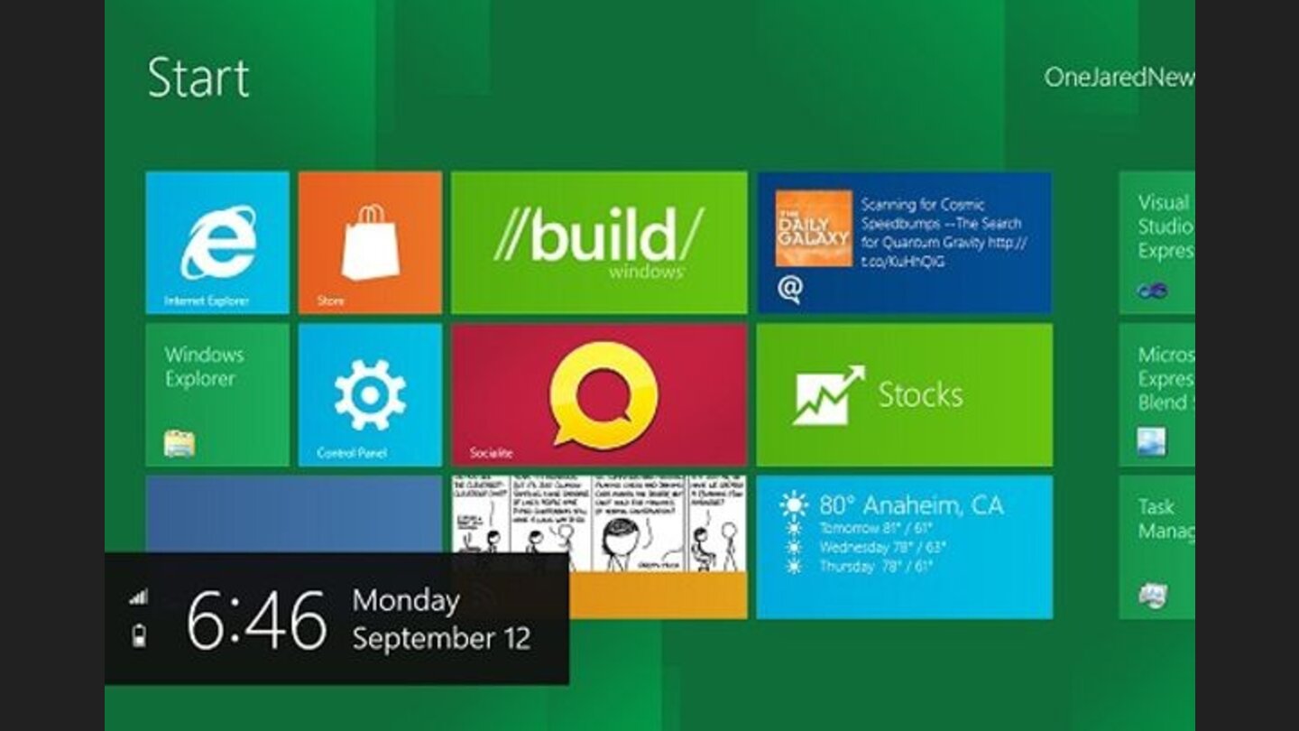 Das Hauptmenü enthält wichtige Optionen, die Microsoft »Charms« nennt, beispielsweise Suchen, Teilen, Home-Bildschirm, Geräte und Einstellungen.