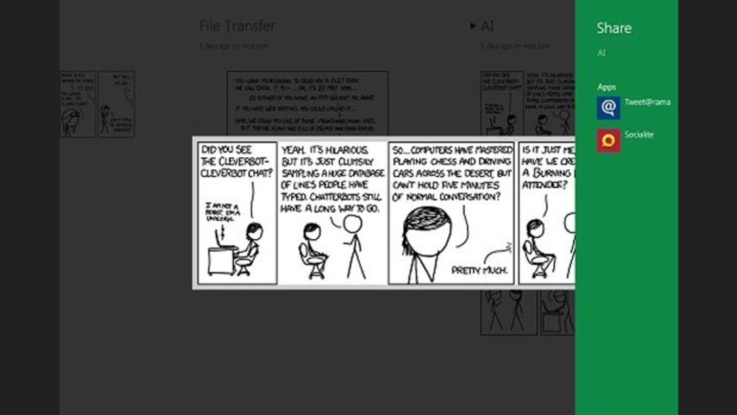 Die Teilen-Funktion lässt auch Windows 8-Apps über sogenannte »Contracts« Informationen austauschen. Im Bild wird ein Internet-Link aus einem RSS-Reader zwischen zwei Social-Apps geteilt, ohne dass diese dafür speziell programmiert werden mussten.