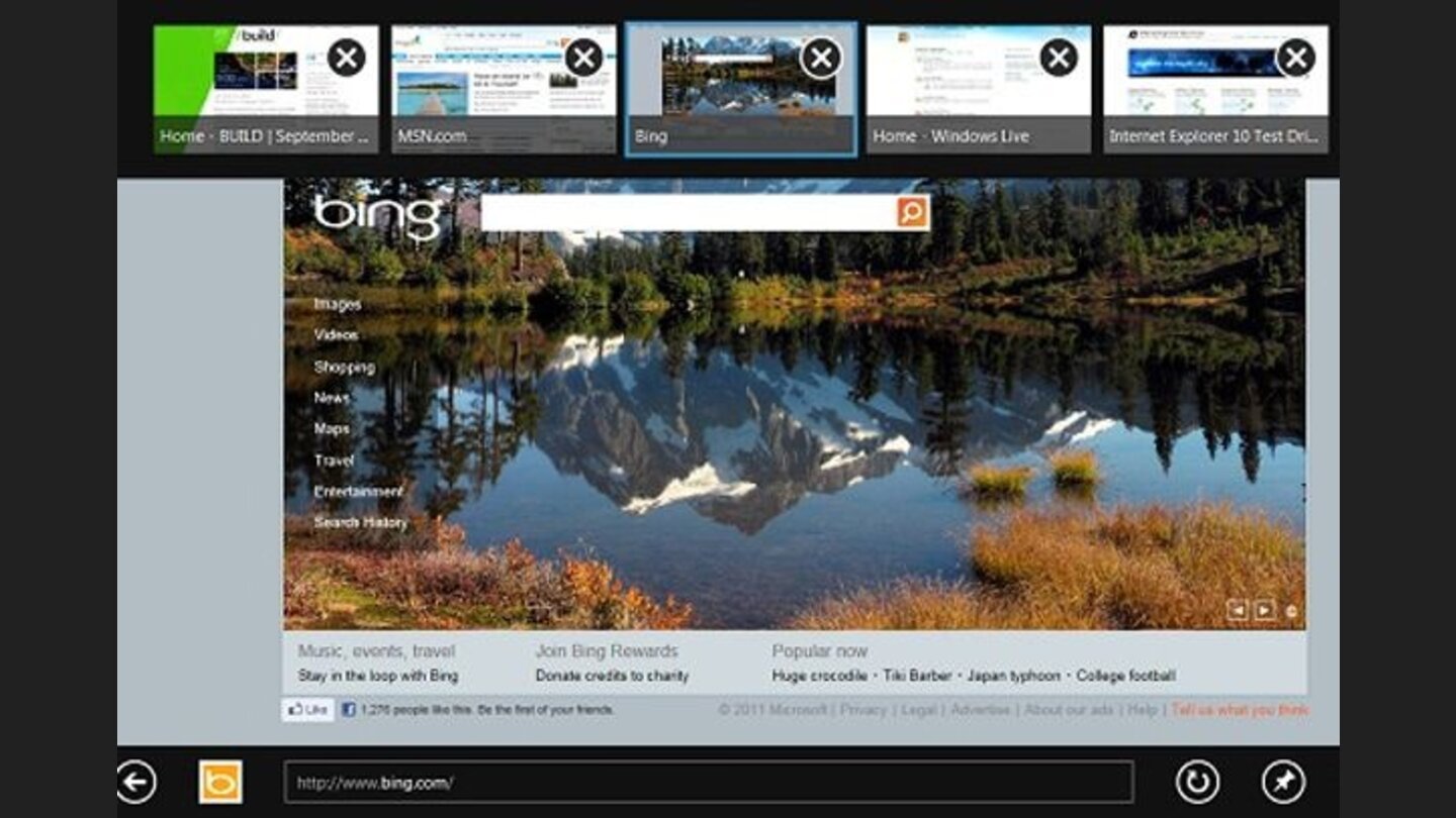 Windows 8 enthält auch den Internet Explorer 10, der seine Adresszeile und Tabs verstecken kann, um die Anzeigefläche zu maximieren. Natürlich ist der Browser nun auch für Touchsteuerung ausgelegt.