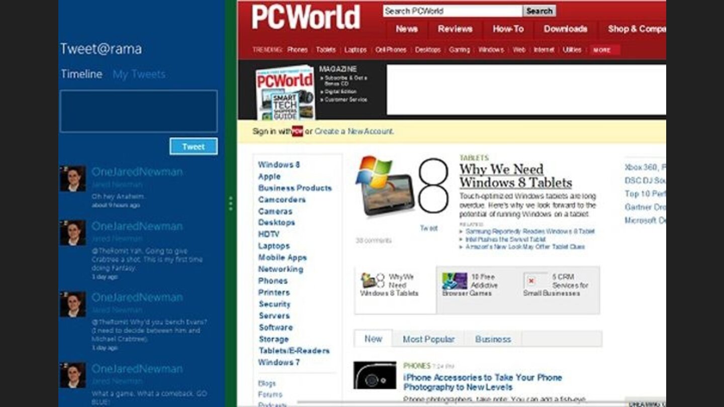 Side-by-Side-Apps kann zwei, für den Metro-Stil ausgelegte Programme nebeneinander in einem Bild anzeigen. Dabei wird die zweite App von links in das Bild gezogen, bis der Split-Screen aktiviert wird.