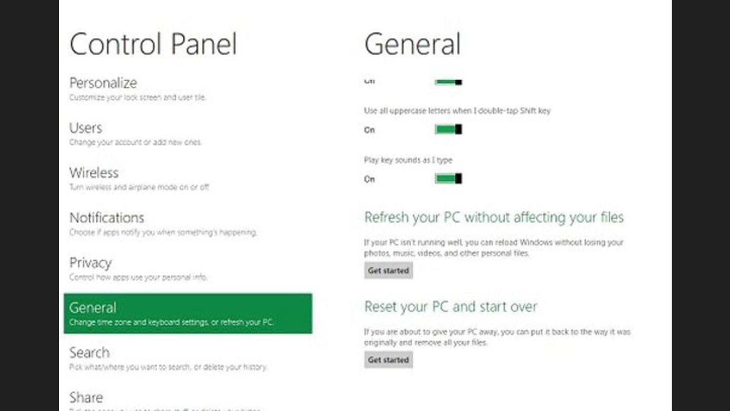 Die Systemsteuerung ist im Metro-Stil auf das Notwendigste beschränkt, bietet aber auch wichtige Möglichkeiten. Hier zu sehen das Zurücksetzen des Systems auf den Installationszustand oder ein »Refresh«, der alle Daten und Programme behält, aber das Betriebssystem auf den Installationszustand zurücksetzt.