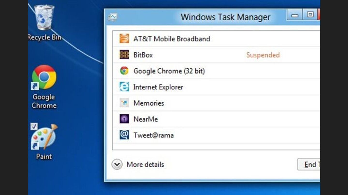 Auch der Task-Manager zeigt sich in einem einfachen Stil mit laufenden und angehaltenen Programmen, die jeweils mit ein paar Klicks beendet werden können, falls notwendig.