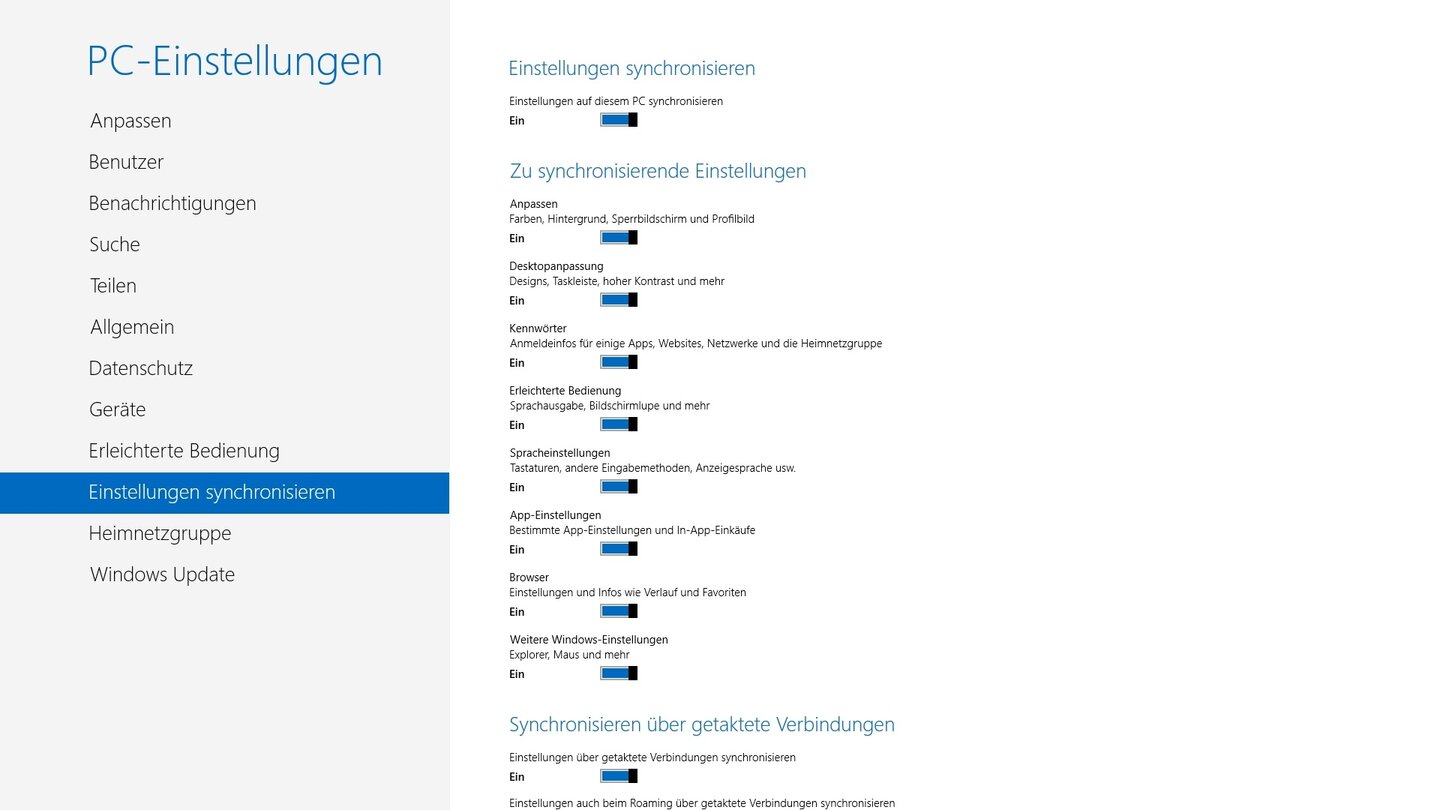 PC-Einstellungen synchronisierenGerade wer mehr als einen PC besitzt und nichts gegen die Cloud einzuwenden hat, kann die Systemeinstellungen unter Windows 8 mit einem Microsoft-Account synchronisieren und erhält so stets seine aktuellste Konfiguration auf jedem Windows-8-PC.