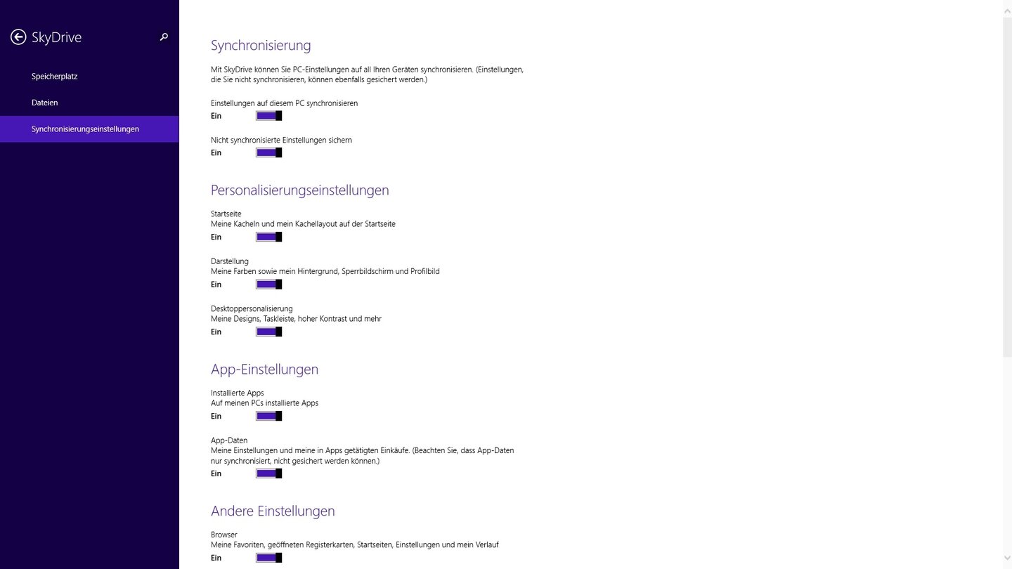 Windows 8.1 Sky Drive Einstellungen