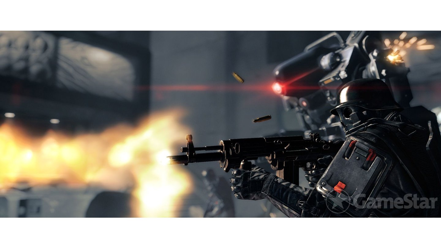 Wolfenstein: The New OrderFrau Engel wird von einer Leibgarde geschützt, die aus Kampfrobotern und schwer bewaffneten Fußsoldaten besteht.