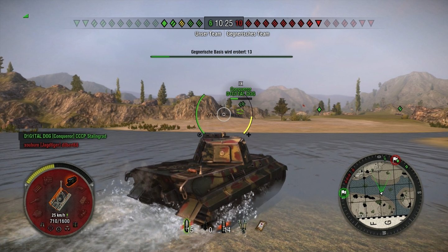World of Tanks: Xbox 360 EditionSeichte Gewässer durchqueren wir mühelos, in tiefem Wasser können wir aber absaufen.