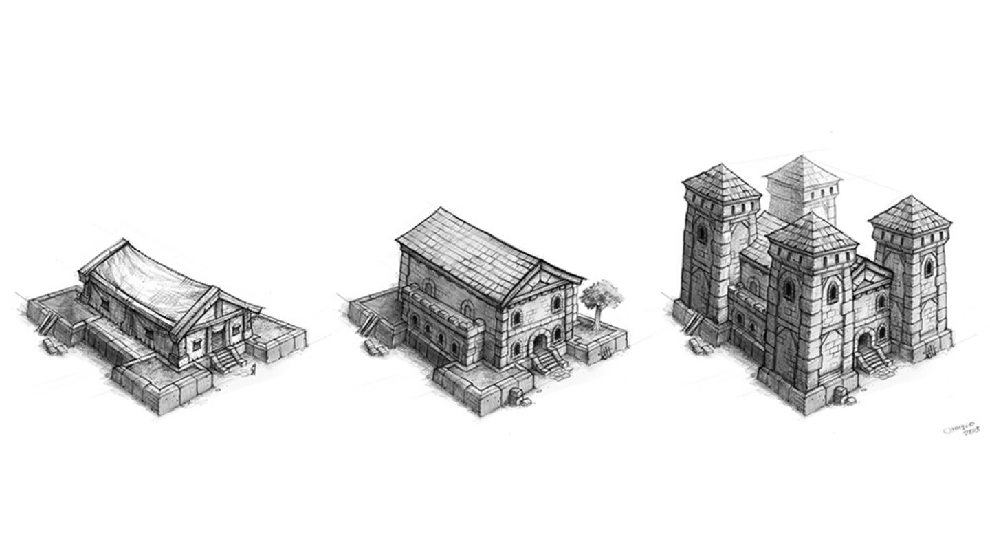 World of Warcraft: Warlords of Draenor - HousingDiese Konzeptzeichnung zeigt die drei Ausbaustufen der Garnisonskaserne. Horde- und Allianz-Gebäude passen zur fraktionseigenen Architektur.