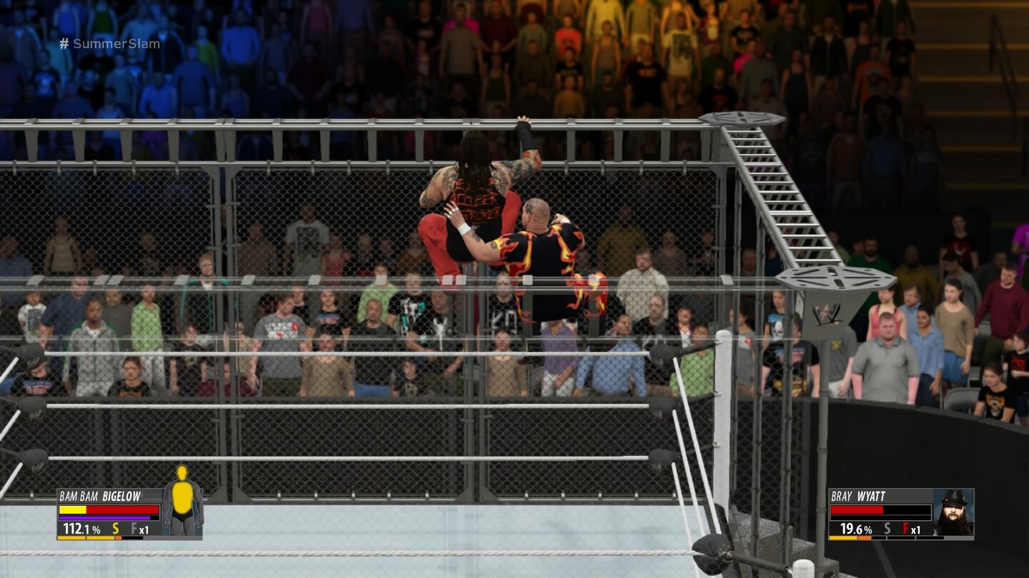 WWE 2K16Immer wieder gern genommen: Beim Cage-Match müssen wir über den Rand des Käfigs entkommen.