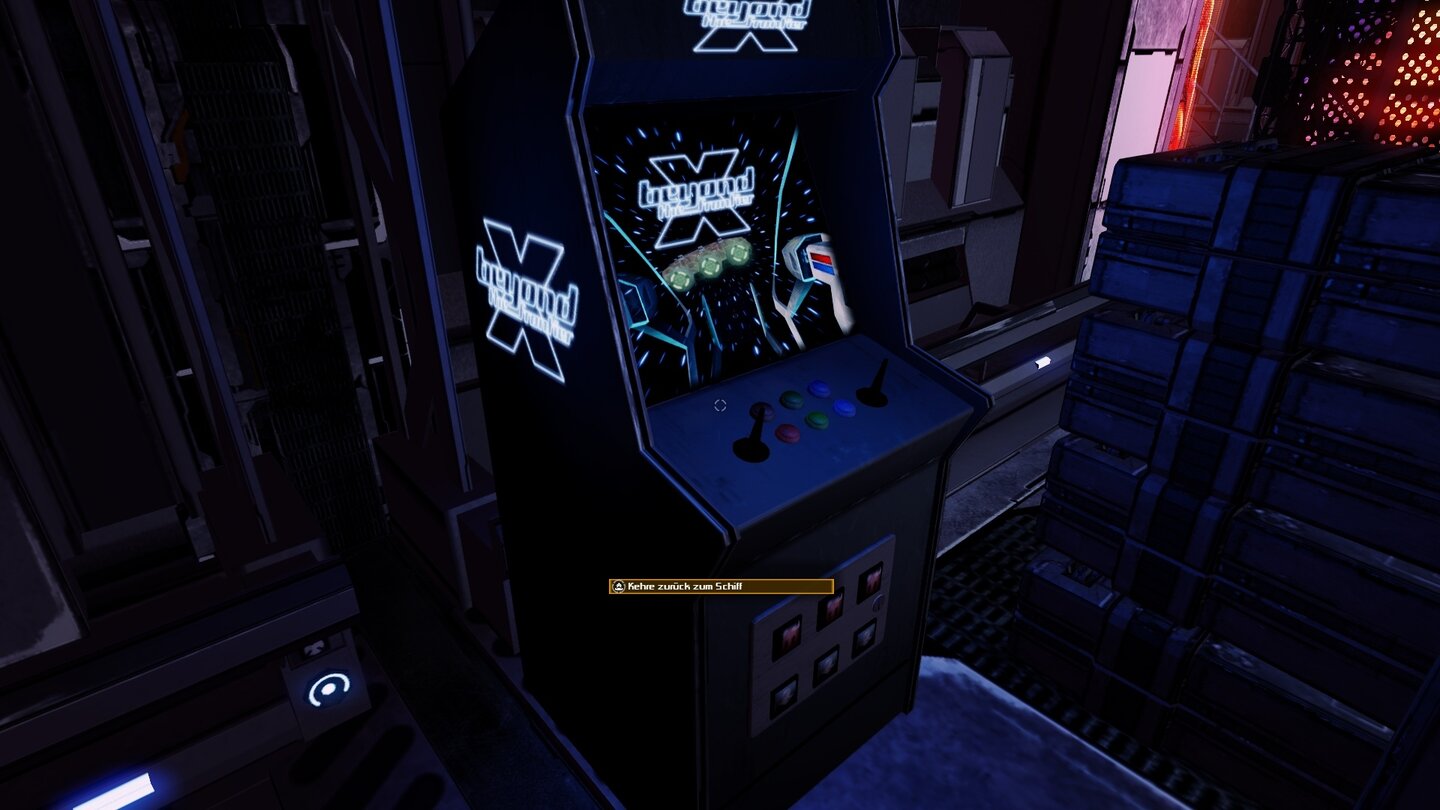 X: RebirthSchön war die Zeit: Das Original X: Beyond the Frontier steht verpackt in einen Arcade-Automaten auf einer Raumstation.