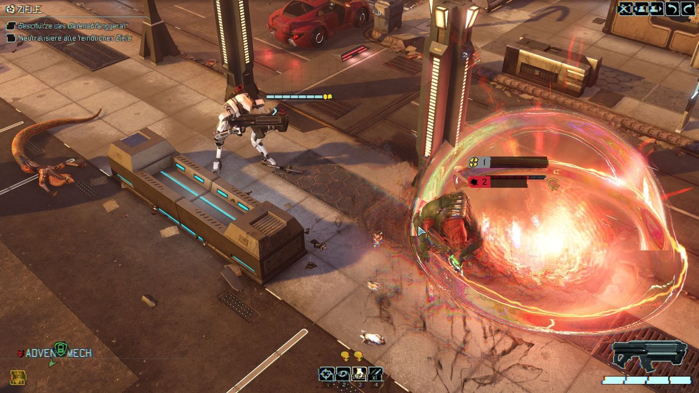 XCOM 2Wir haben einen ADVENT-Mech gehackt und nehmen damit den feindlichen Muton unter Feuer.