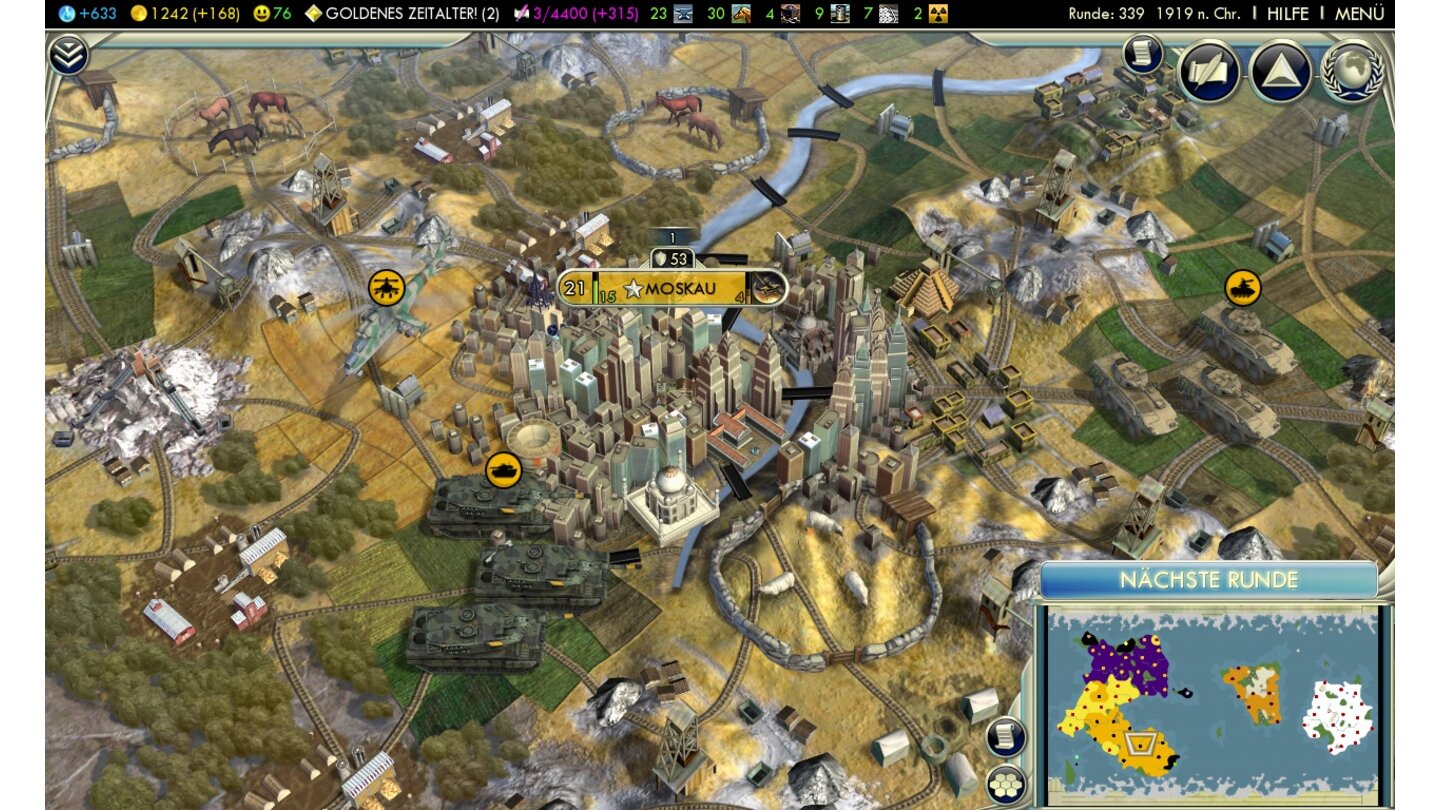 Civilization 5 - Moderne... Wolkenkratzer und Glastürme für unsere Stadt, Panzer am Boden werden von der Luftwaffe und Hubschraubern unterstützt. Zum Abschluss erreichen wir ...