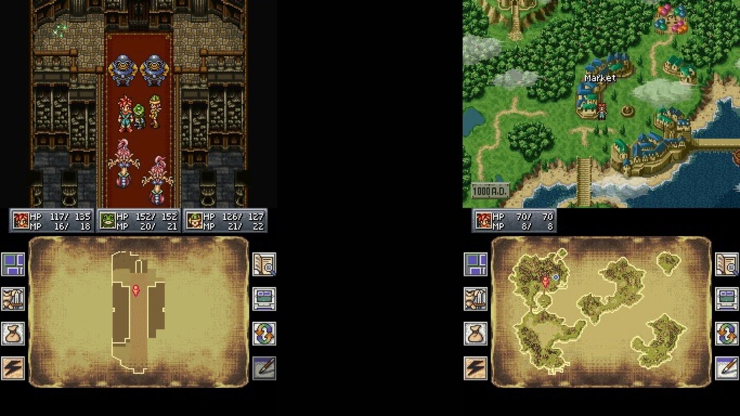 Chrono TriggerDas Rollenspiel Chrono Trigger erschien zunächst 1995 für das Super Nintendo Entertainment System. 2009 erschien noch eine Neuauflage für den Nintendo DS. In Chrono Trigger gilt es die ganze Welt vor der Zerstörung durch die außerirdische Lebensform Lavos zu beschützen. Dazu bereist man – anfangs durch Portale, später mit einer Zeitmaschine – sieben verschiedene Epochen. Darunter ist die Gegenwart des Spiels im Jahr 1000 n. Chr., die Prähistorische Zeit (65.000.000 v. Chr.), in der Lavos auf den Planeten stürzte, und die Postapokalyptische Zukunft (2300 n. Chr.).Im Verlauf dieses Abenteuers wird der Held Crono von bis zu sechs Mitstreitern begleitet, wobei nur drei Leute (den Held eingeschlossen) gleichzeitig in einer Party sein können. Chrono Trigger gilt bis heute als eines der besten Spiele seines Genres.