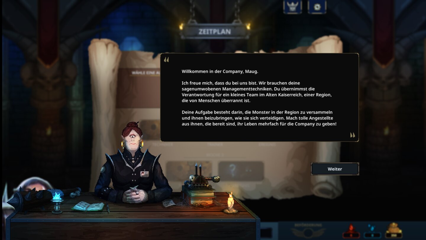Zu Spielbeginn werden wir von der Dungeon Company angeheuert.
