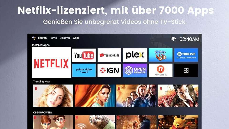 Für den 4K-Beamer von Wimus ist kein TV-Stick nötig, denn man hat ganz einfach Zugang zu seinem bevorzugten Streaming-Dienst.