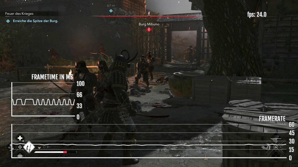 AC Shadows startet mit der spektakulären Erstürmung einer Burg und in einigen Momenten hat das Spiel dabei sogar die 25 fps-Marke unterschritten.