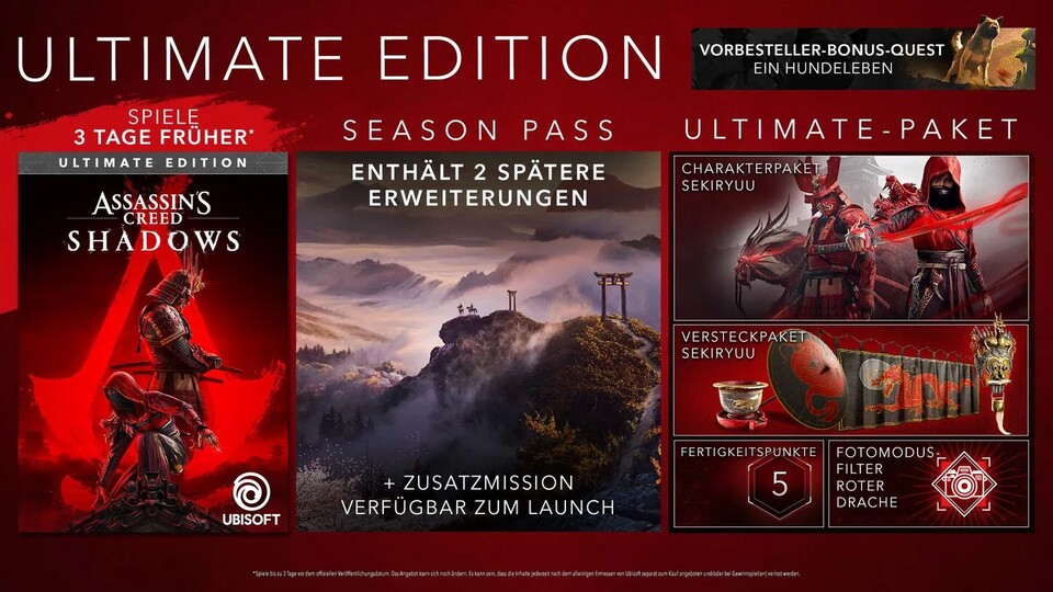 Das Ultimate-Paket, das sowohl in der Collectors als auch der Ultimate Edition enthalten ist, bietet noch einige digitale Extras für Assassins Creed Shadows.