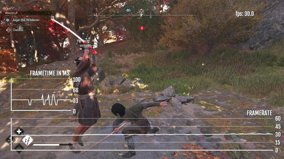 Zwar zeigt der Titel häufig 30 fps bei unseren Messungen an, aber achtet mal links auf die Frametimes. Diese zeigen an, in welchen Abständen die Frames ausgespielt werden, und AC Shadows ist dahingehend häufig ungleichmäßig.