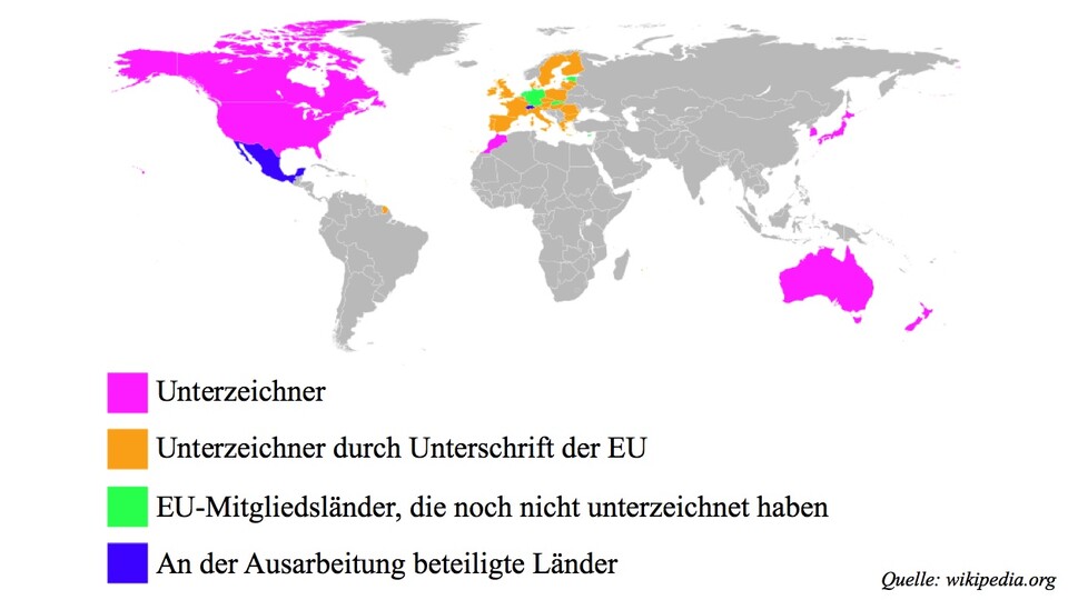 Weltkarte mit Ländern, die an den ACTA Verhandlungen teilgenommen haben oder ACTA unterzeichnet haben. (Quelle: Wikipedia)